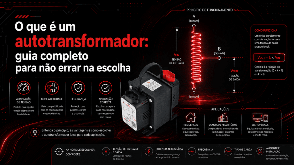Arte técnica em fundo preto e vermelho sobre autotransformador. À esquerda, aparece o título “O que é um autotransformador: guia completo para não errar na escolha”. No centro, há a imagem de um autotransformador real, e à direita um diagrama explicando o princípio de funcionamento, com entrada de tensão, saída de tensão e ponto de derivação. A imagem também destaca benefícios como adaptação de tensão, compatibilidade, segurança e aplicação correta.