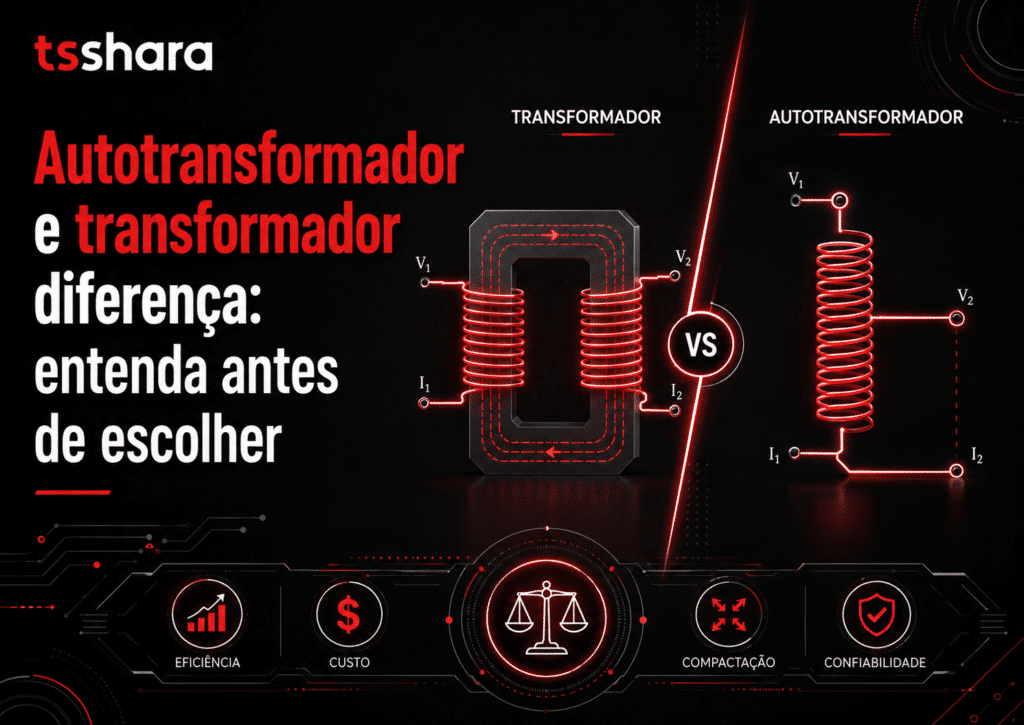 Arte explicativa com fundo escuro e elementos em vermelho, apresentando diferença entre transformador e autotransformador. Inclui diagramas técnicos lado a lado e indicadores de comparação. Na parte inferior aparecem critérios como eficiência, custo, compactação e confiabilidade. No canto superior, há a marca TS Shara, indicando conteúdo institucional ou de fabricante.