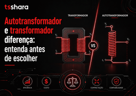 Arte explicativa com fundo escuro e elementos em vermelho, apresentando diferença entre transformador e autotransformador. Inclui diagramas técnicos lado a lado e indicadores de comparação. Na parte inferior aparecem critérios como eficiência, custo, compactação e confiabilidade. No canto superior, há a marca TS Shara, indicando conteúdo institucional ou de fabricante.