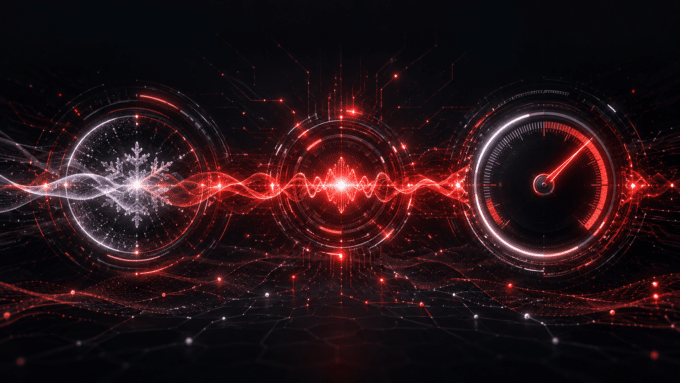 Ilustração abstrata em estilo tecnológico com fundo escuro e três círculos digitais vermelhos interligados por uma linha de energia pulsante. Os elementos lembram medidores e gráficos de desempenho, transmitindo ideia de fluxo de energia, controle e análise de potência em sistemas eletrônicos.