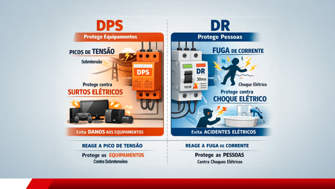 Comparativo visual entre DPS e DR na proteção elétrica.