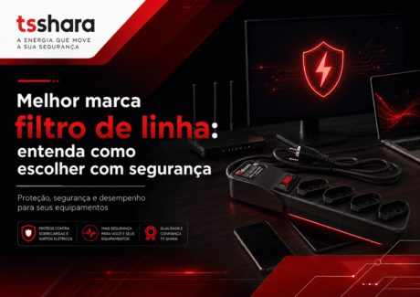Arte publicitária da marca TS Shara sobre filtro de linha. O fundo é preto com detalhes vermelhos tecnológicos. À esquerda, aparece o texto “Melhor marca filtro de linha: entenda como escolher com segurança” e a frase “Proteção, segurança e desempenho para seus equipamentos”. À direita, há uma mesa com filtro de linha preto, cabo de energia, notebook, monitor, roteador e celular, transmitindo a ideia de proteção contra surtos elétricos e segurança para eletrônicos.