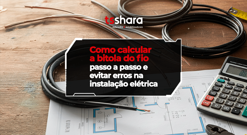 Fios elétricos, planta técnica e calculadora sobre mesa.