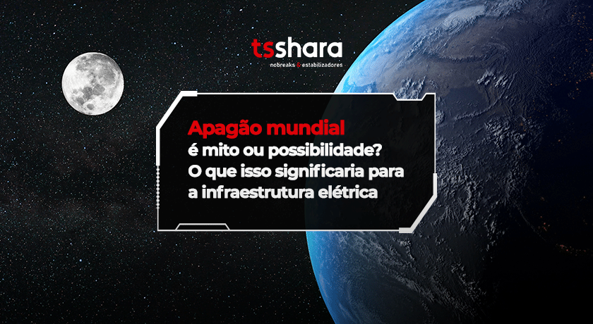Planeta Terra visto do espaço com chamada sobre apagão mundial.