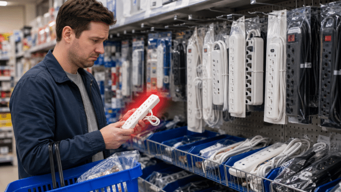 Homem em uma loja de materiais elétricos analisando um filtro de linha branco nas mãos. Ao fundo, há várias opções de filtros de linha e extensões penduradas na prateleira, transmitindo a ideia de comparação e escolha do produto ideal.