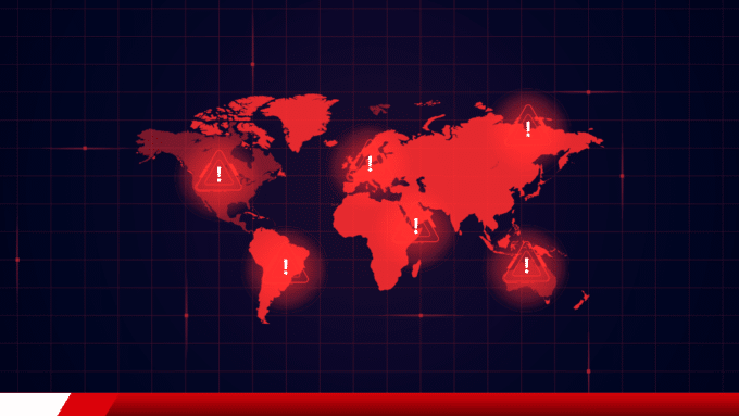 Mapa mundial em vermelho com ícones de alerta.