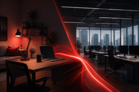 Imagem dividida entre home office e escritório corporativo. Um feixe vermelho de energia atravessa os dois ambientes, simbolizando proteção elétrica, continuidade e segurança para equipamentos.