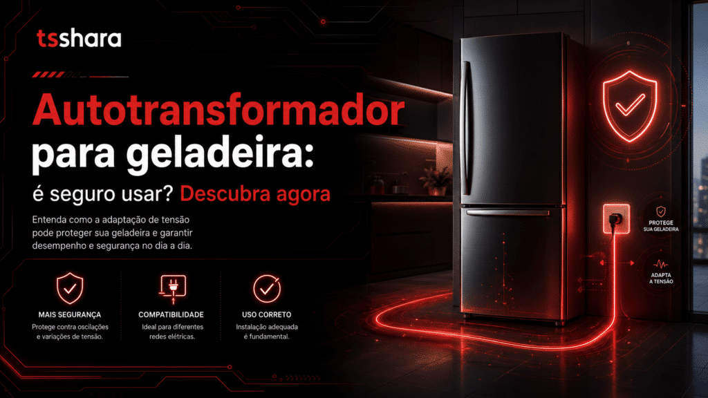 Arte promocional de um autotransformador para geladeira. Mostra um refrigerador moderno conectado a uma tomada com elementos visuais em vermelho representando fluxo de energia. O layout inclui ícones de segurança, compatibilidade e uso correto, destacando proteção contra variações de tensão e eficiência no uso doméstico.