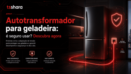 Arte promocional de um autotransformador para geladeira. Mostra um refrigerador moderno conectado a uma tomada com elementos visuais em vermelho representando fluxo de energia. O layout inclui ícones de segurança, compatibilidade e uso correto, destacando proteção contra variações de tensão e eficiência no uso doméstico.