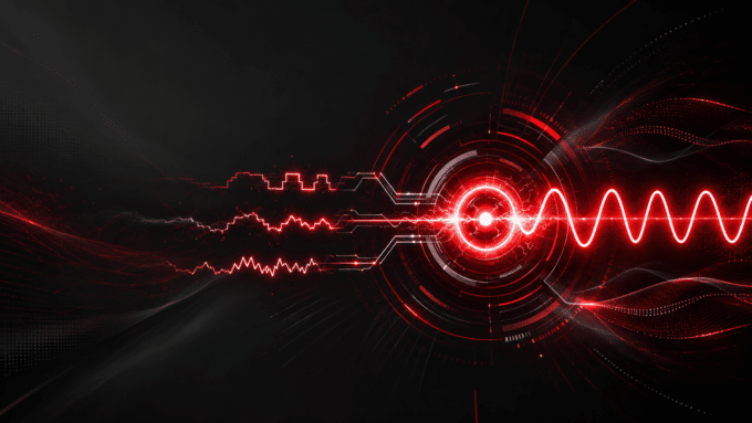 Arte abstrata em fundo preto com ondas elétricas vermelhas, linhas digitais e um círculo luminoso central, representando energia, corrente elétrica e tecnologia.