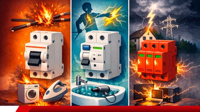 Ilustração compara disjuntor, DR e DPS em situações de risco elétrico.