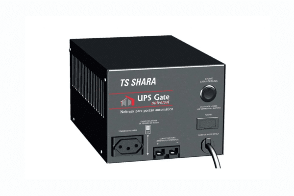 Nobreak TS Shara UPS Gate Universal, em formato de caixa preta, com painel frontal cinza, botão liga/desliga, tomada de saída, entrada para bateria externa, fusível e cabo de energia.
