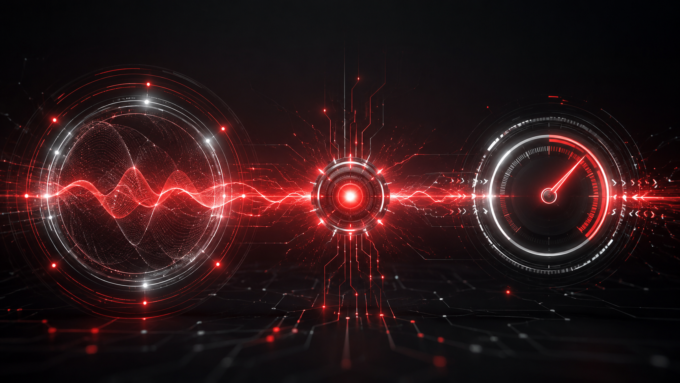 A imagem apresenta um visual tecnológico futurista em estilo HUD (interface digital), com predominância das cores vermelho, preto e branco, transmitindo uma sensação de alta performance e análise em tempo real.