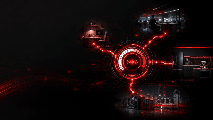 Composição tecnológica abstrata com um núcleo central de energia em vermelho conectado a diferentes ambientes, como escritório, servidores e indústria. A imagem representa fluxo de energia, performance e distribuição inteligente, transmitindo ideia de sistemas interligados e alta tecnologia.