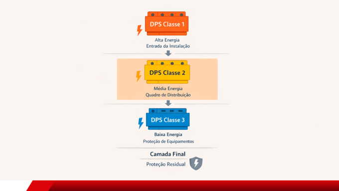 Infográfico sobre DPS classe 1, classe 2 e classe 3 na proteção elétrica em camadas.