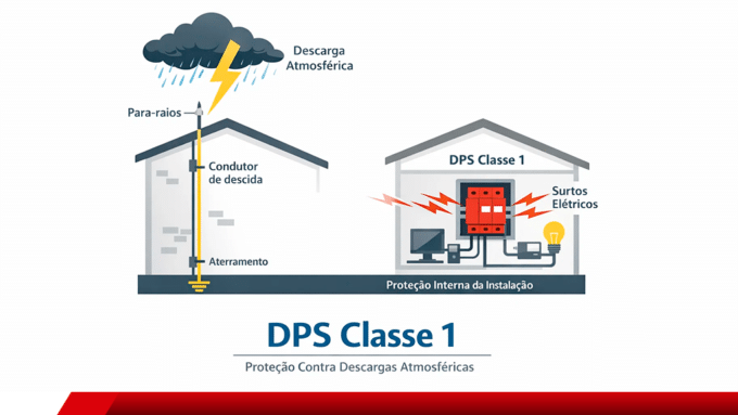 Infográfico sobre DPS classe 1 para proteção contra descargas atmosféricas.