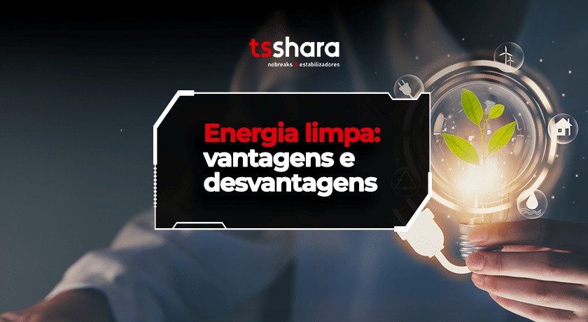 Imagem conceitual sobre energia limpa com lâmpada, folha verde e ícones de sustentabilidade.