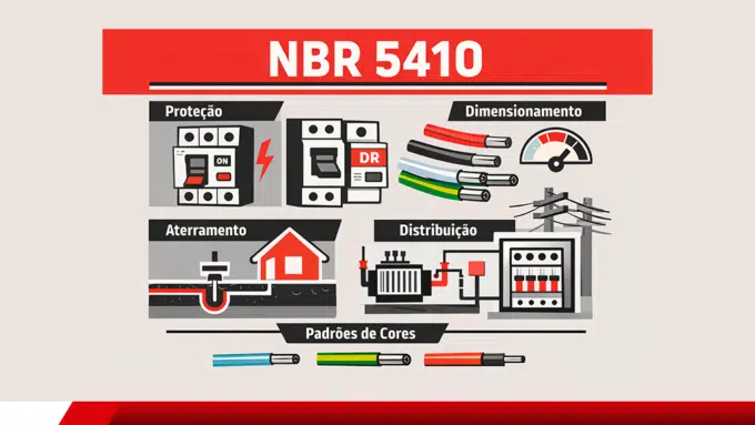 Infográfico com proteção, aterramento, dimensionamento e distribuição na NBR 5410.