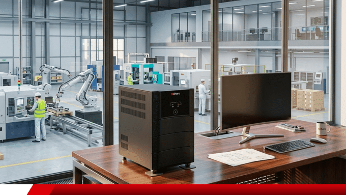 Nobreak industrial em escritório com vista para linha de produção