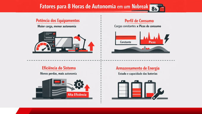 Fatores que influenciam a autonomia de 8 horas de um nobreak.