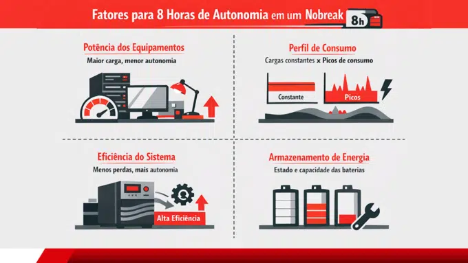 Fatores que influenciam a autonomia de 8 horas de um nobreak.