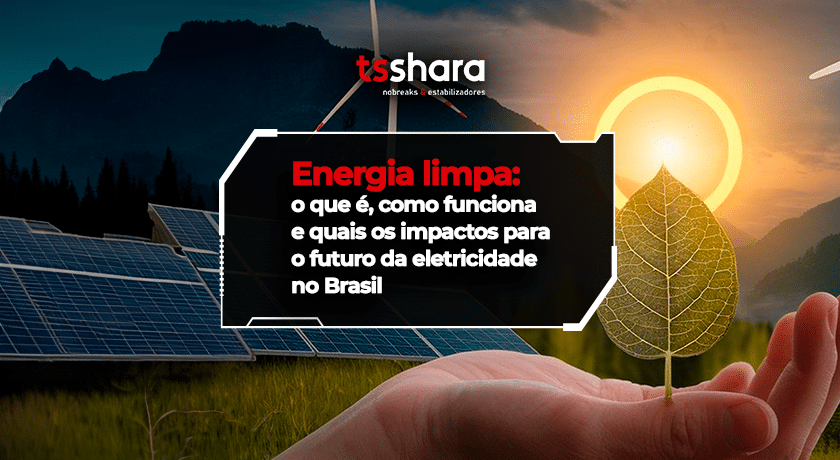 Painéis solares e símbolo de energia limpa em paisagem natural.