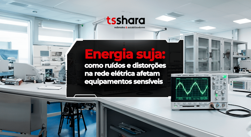 Osciloscópio em laboratório com chamada sobre energia suja