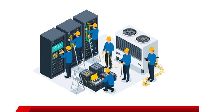 Técnicos realizando manutenção em infraestrutura elétrica industrial