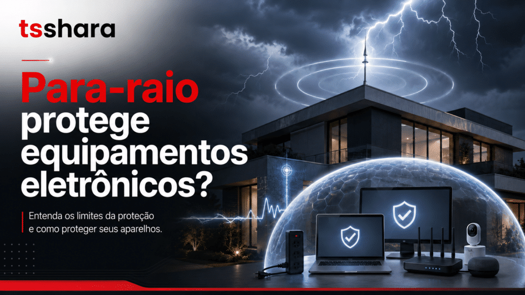 Arte promocional sobre para-raio, mostrando uma casa protegida em meio a uma tempestade com raios ao fundo. A composição transmite segurança para equipamentos eletrônicos e reforça a ideia de proteção contra surtos elétricos.