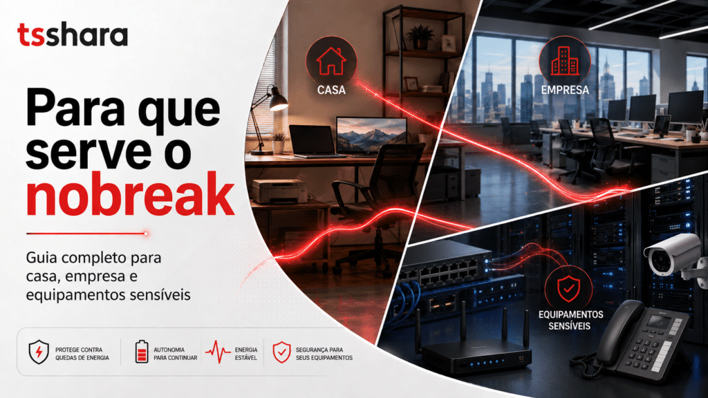 A imagem apresenta um material informativo da marca Tsshara explicando o uso do nobreak em diferentes cenários. À esquerda, há o título “Para que serve o nobreak” com foco educativo, seguido de um guia que mostra sua aplicação em casa, empresas e equipamentos sensíveis. À direita, a composição é dividida em três ambientes: um escritório residencial, um ambiente corporativo moderno e um cenário de servidores/infraestrutura crítica. Uma linha vermelha conecta esses ambientes, simbolizando a continuidade da energia. Na parte inferior, ícones reforçam benefícios como proteção contra quedas de energia, autonomia, estabilidade e segurança dos equipamentos.
