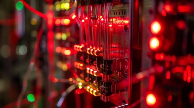 Close de um painel eletrônico com várias luzes vermelhas acesas, transmitindo a ideia de alta tecnologia e funcionamento contínuo. A cena destaca componentes elétricos em operação, com aspecto moderno e intenso.
