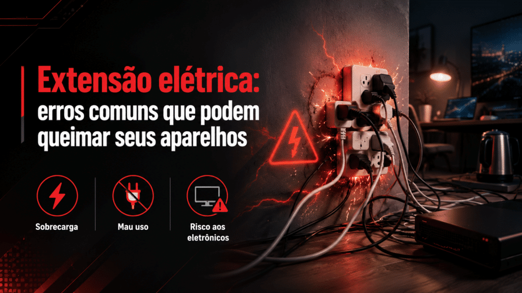 A imagem mostra um material educativo da marca Tsshara alertando sobre os riscos do uso incorreto de extensões elétricas. À esquerda, o texto destaca: “Extensão elétrica: erros comuns que podem queimar seus aparelhos”, com ícones indicando problemas como sobrecarga, mau uso e risco aos eletrônicos. À direita, há uma cena realista de uma tomada múltipla sobrecarregada, com vários plugs conectados simultaneamente. É possível ver sinais de aquecimento e faíscas, reforçando visualmente o perigo de excesso de carga elétrica. O ambiente é doméstico, com iluminação quente e elementos eletrônicos ao fundo.