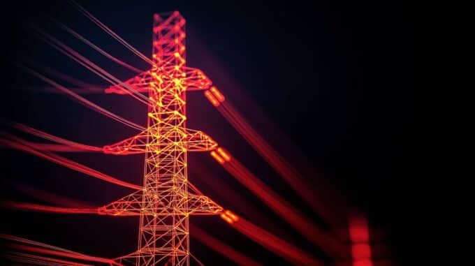 A imagem mostra uma torre de transmissão de energia elétrica em estilo digital e futurista, iluminada em tons de vermelho intenso sobre fundo escuro. Linhas de energia saem da estrutura central, criando um efeito de movimento e potência.A estética é moderna e tecnológica, simbolizando distribuição e fluxo de energia em larga escala, com forte contraste visual e sensação de alta tensão e infraestrutura energética avançada.