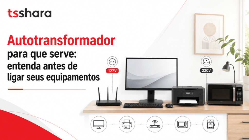Arte explicativa sobre autotransformador, mostrando equipamentos domésticos e de escritório em uma bancada organizada. O layout orienta o usuário sobre tensões de 127V e 220V antes de ligar os aparelhos.