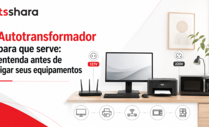 Arte explicativa sobre autotransformador, mostrando equipamentos domésticos e de escritório em uma bancada organizada. O layout orienta o usuário sobre tensões de 127V e 220V antes de ligar os aparelhos.