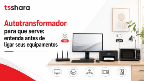 Arte explicativa sobre autotransformador, mostrando equipamentos domésticos e de escritório em uma bancada organizada. O layout orienta o usuário sobre tensões de 127V e 220V antes de ligar os aparelhos.
