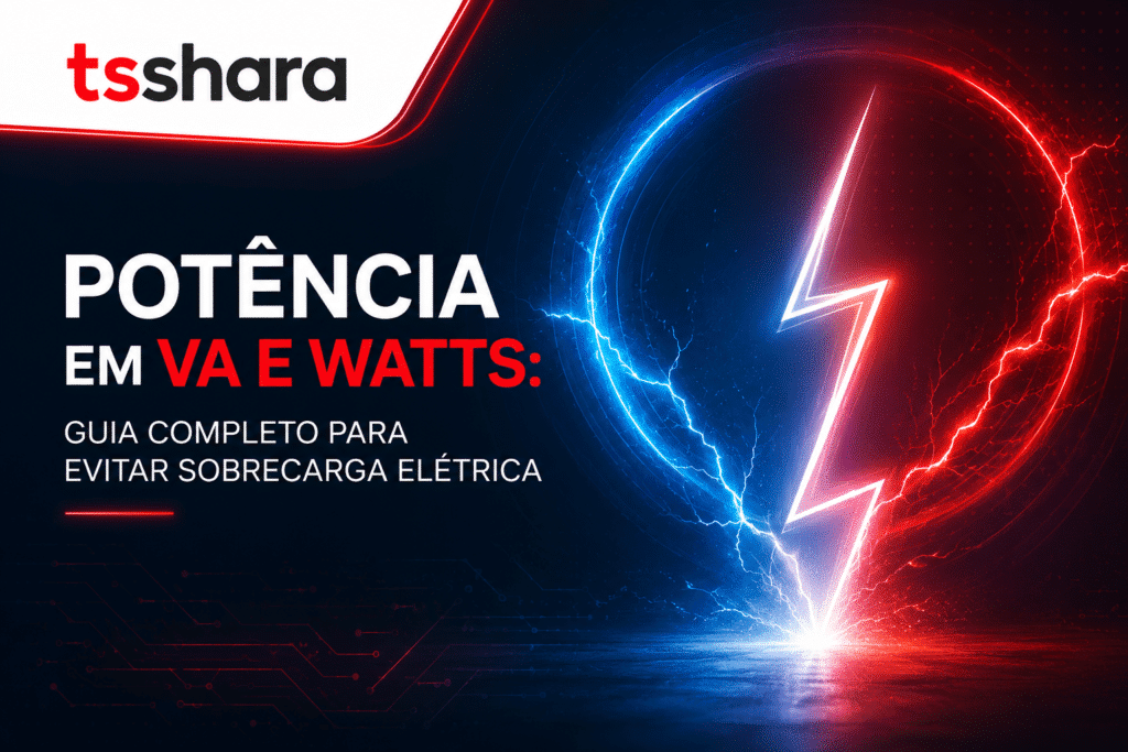 A imagem apresenta um design tecnológico com fundo escuro e elementos em azul e vermelho representando energia elétrica. No lado esquerdo, aparece o texto da marca “tsshara” e o título principal: “POTÊNCIA EM VA E WATTS”, com destaque em vermelho. A arte explica um guia sobre como entender e evitar sobrecarga elétrica, com a mensagem secundária: “Guia completo para evitar sobrecarga elétrica”.