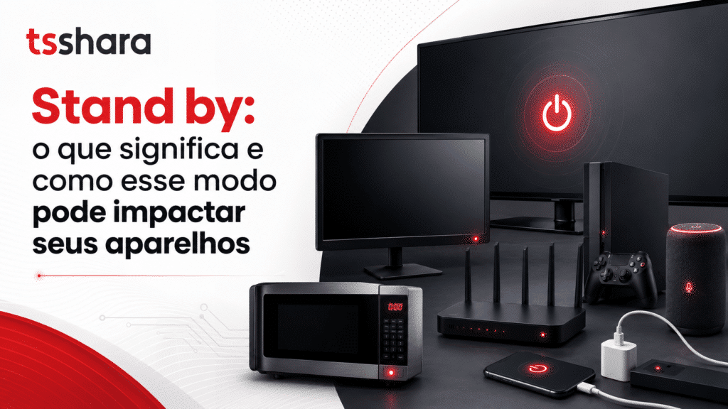 Arte da TS Shara com o título “Stand by: o que significa e como esse modo pode impactar seus aparelhos”. Ao lado, aparecem uma televisão, monitor, computador, roteador, micro-ondas, celular, caixa de som e filtro de linha.