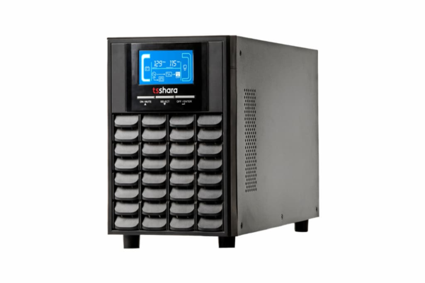 Nobreak TS Shara preto, com tela digital azul e compartimento frontal com módulos de bateria.