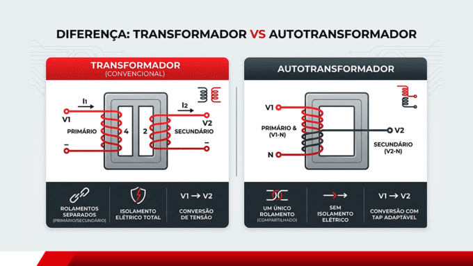 Comparação entre transformador convencional e autotransformador.