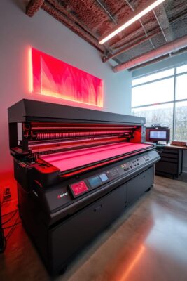 Impressora plotter industrial de grande porte em um ambiente de produção, com impressão em andamento e iluminação vermelha.