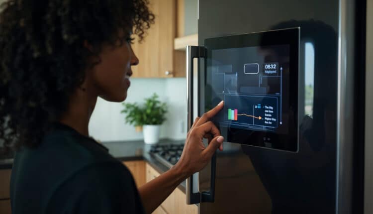 Mulher observa e toca a tela digital de uma geladeira inteligente, que exibe informações e gráficos sobre o funcionamento do eletrodoméstico, em uma cozinha moderna.