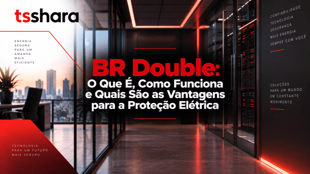 Arte da TS Shara sobre BR Double, ambientada em um moderno data center com corredores de racks e servidores iluminados em vermelho. O título principal destaca “BR Double” e o texto explica: “O que é, como funciona e quais são as vantagens para a proteção elétrica”. A composição utiliza a identidade visual da TS Shara em vermelho, preto e branco, com detalhes tecnológicos, iluminação vermelha e elementos geométricos.
