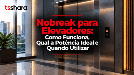 Arte da TS Shara com o tema “Nobreak para Elevadores: Como Funciona, Qual a Potência Ideal e Quando Utilizar”. A cena mostra um elevador moderno em um edifício corporativo de alto padrão, com acabamento metálico escuro, iluminação quente e grandes janelas ao fundo. A identidade visual utiliza vermelho, preto e branco, com o logotipo da TS Shara no canto superior esquerdo e linhas vermelhas como elementos gráficos.