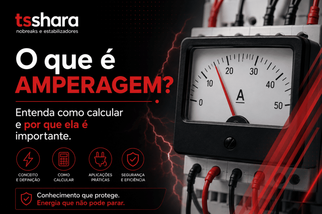 Banner informativo da TS Shara, em preto, branco e vermelho, com o título “O que é amperagem?” e a frase “Entenda como calcular e por que ela é importante”. À direita, há um amperímetro analógico conectado a cabos elétricos; na parte inferior, aparecem ícones para conceito e definição, como calcular, aplicações práticas e segurança e eficiência.