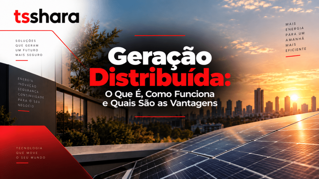 Arte da TS Shara sobre “Geração Distribuída”. A composição mostra painéis solares instalados no telhado de um edifício, com uma cidade ao fundo durante o pôr do sol, representando a geração de energia próxima ao local de consumo. O título destaca “Geração Distribuída: O Que É, Como Funciona e Quais São as Vantagens”, usando vermelho, branco e preto na identidade visual da marca. Elementos gráficos geométricos em vermelho complementam a composição e reforçam a temática de energia, inovação, segurança e continuidade para negócios.