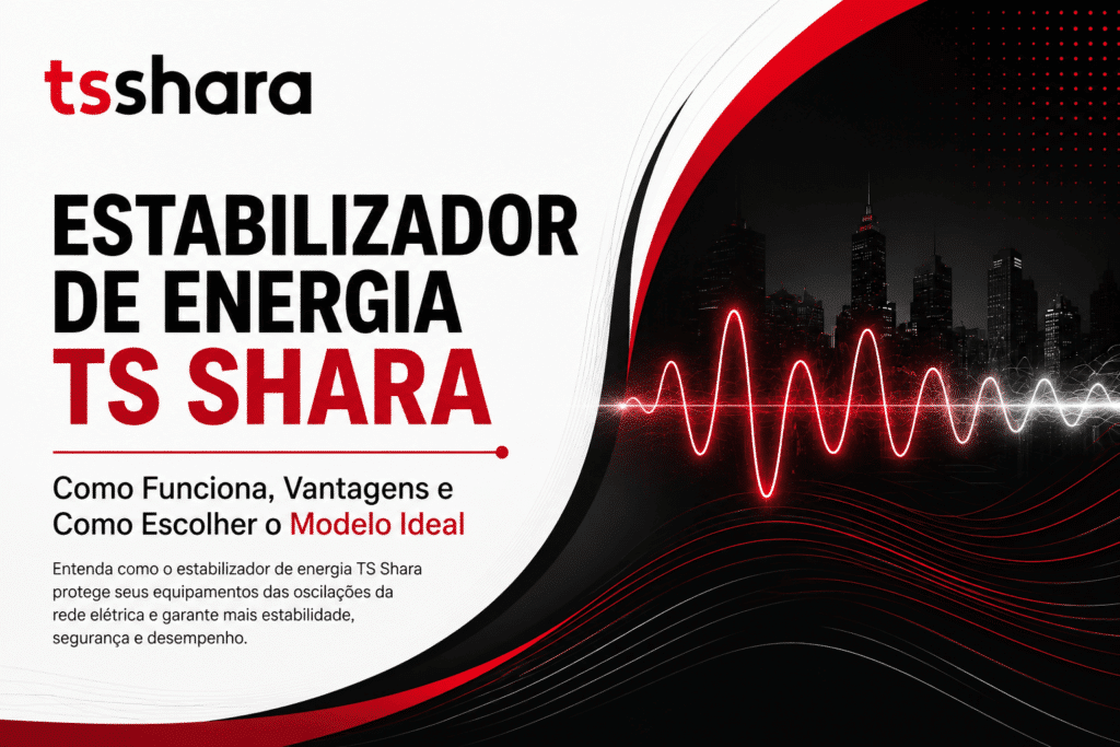 Arte institucional da TS Shara, com fundo dividido entre branco e preto. À esquerda, aparece o logotipo da marca e o título “Estabilizador de Energia TS Shara”, acompanhado do texto sobre funcionamento, vantagens e escolha do modelo ideal. À direita, há uma paisagem urbana noturna com prédios e uma representação visual de ondas elétricas em vermelho e branco, simbolizando a estabilização da energia e a proteção contra oscilações da rede elétrica.