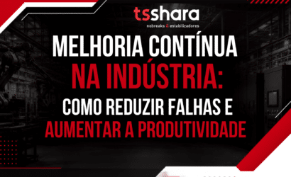 Arte da TS Shara com fundo escuro que mostra o interior de uma indústria, com máquinas e equipamentos industriais. Em destaque, o texto “Melhoria contínua na indústria: como reduzir falhas e aumentar a produtividade”, em letras grandes nas cores branca e vermelha. A composição utiliza elementos gráficos geométricos em vermelho e branco, reforçando a identidade visual da marca.