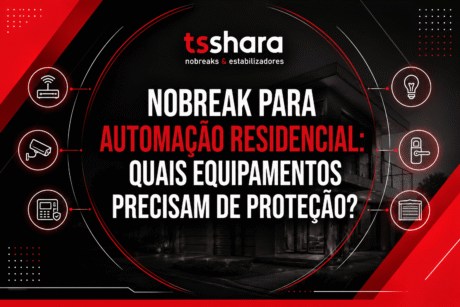 Arte da TS Shara com fundo escuro e detalhes em vermelho e branco, apresentando uma residência moderna ao centro. O título destaca “Nobreak para automação residencial: quais equipamentos precisam de proteção?”. Ao redor da casa aparecem ícones representando roteador, lâmpada, câmera de segurança, fechadura eletrônica, sistema de controle e outros equipamentos de automação, reforçando a importância da proteção contra problemas na energia elétrica.