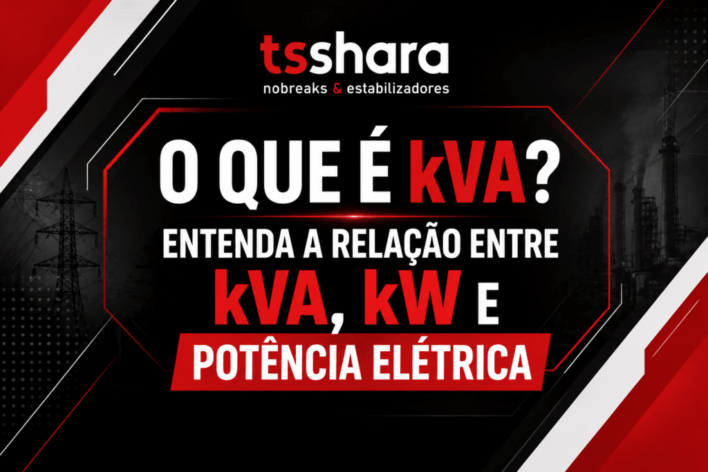 Arte da TS Shara com fundo preto e elementos gráficos em vermelho e branco. Ao centro, o título “O que é kVA?” e a chamada “Entenda a relação entre kVA, kW e potência elétrica”. Ao fundo, aparecem torres de transmissão e estruturas de uma rede elétrica, reforçando o tema de energia e potência elétrica.